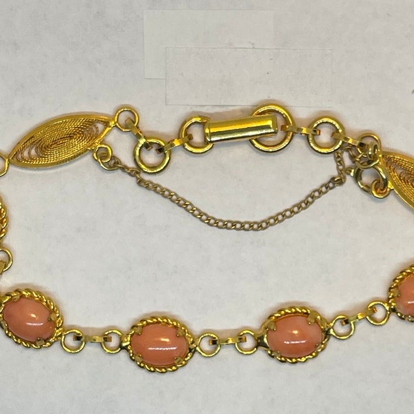 Vintage natural pink coral 8 x 6 mm oval shape cabochons set on 5 links 12K gold filled filigree bracelet 7" long circa 1970 Free shipping