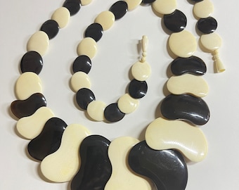 Vintage white coral & Water bufflo horn 50x30 mm largest carved beads 32" necklace circa 1970, Free shipping