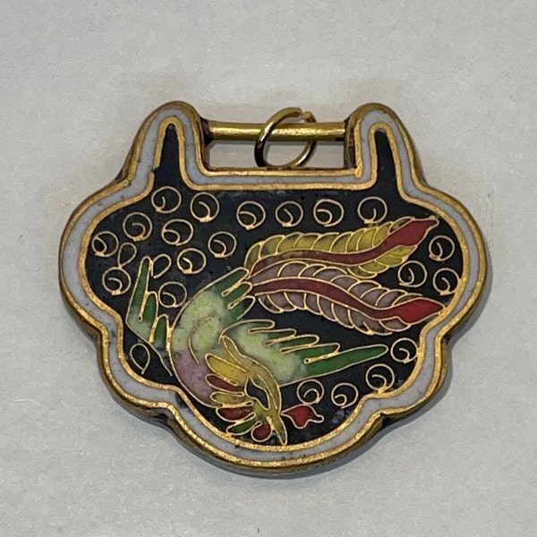 Vintage Cloisonne 1.5 Lock Shape pendant phoenix design crafted by artisan in China circa 1970