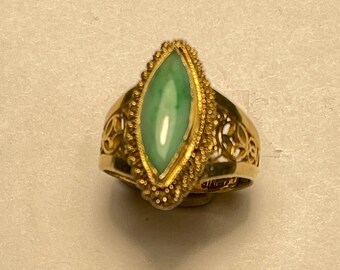 Antique Burma jade in not treated 15 x 7 mm Sterling silver ring 14 K gold plated adjustible size from China circa 1970. Free shipping