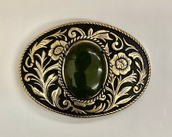 Vintage 4" x 2-3/4" belt buckle made with heavy metal alloy 14K heavy gold plated set with green Nephrite jade not treated Made in USA