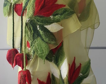 Silk scarf / Gift for woman / Nunofelt / scarf with tulips / Felted scarf