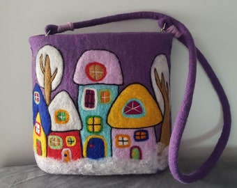 Bolso con casas / Bolso shopper / Regalo para mujer / Bolso en marco / Bolso de lana / Casas de colores