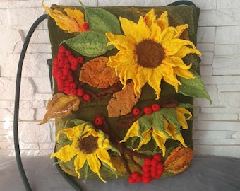 Bolso de fieltro otoñal con girasoles / Regalo para ella / Bolso grande de fieltro / Bolso con girasoles / Bolso de fieltro con bayas de serbal