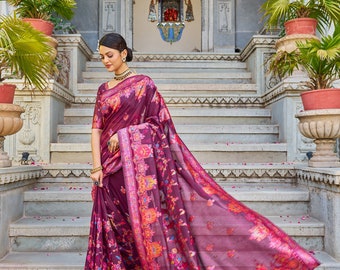 Premium Designer Wine Color Bollywood Saree,pure handloom Chanderi lichi silk for bridal wear,Party Ware,Stylish Saree,Wedding Wear Saree.