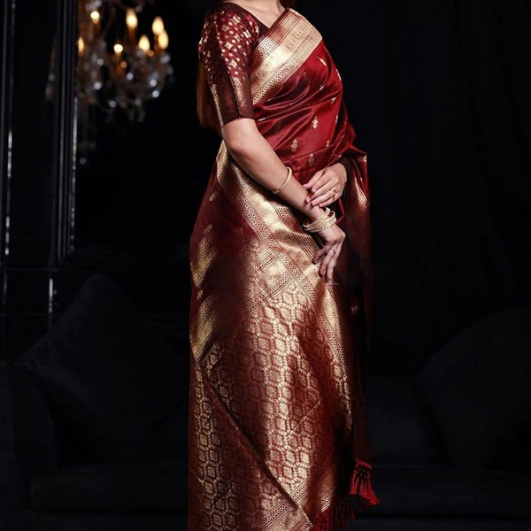 Heavy Marron,Blue&Purple Colour Soft silk Saree Stunning Indian Designer bollywood Saree and Wedding  Saree.