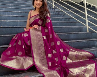 Wine color Soft Silk Saree,Banarasi Silk Party Wear Saree ,Bollywood Style Designer Saree.