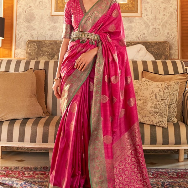 New Designer Pink Party Wear Saree with zari Detaling Blouse,Wedding Wear Saree Stunning Look Saree katan silk saree.