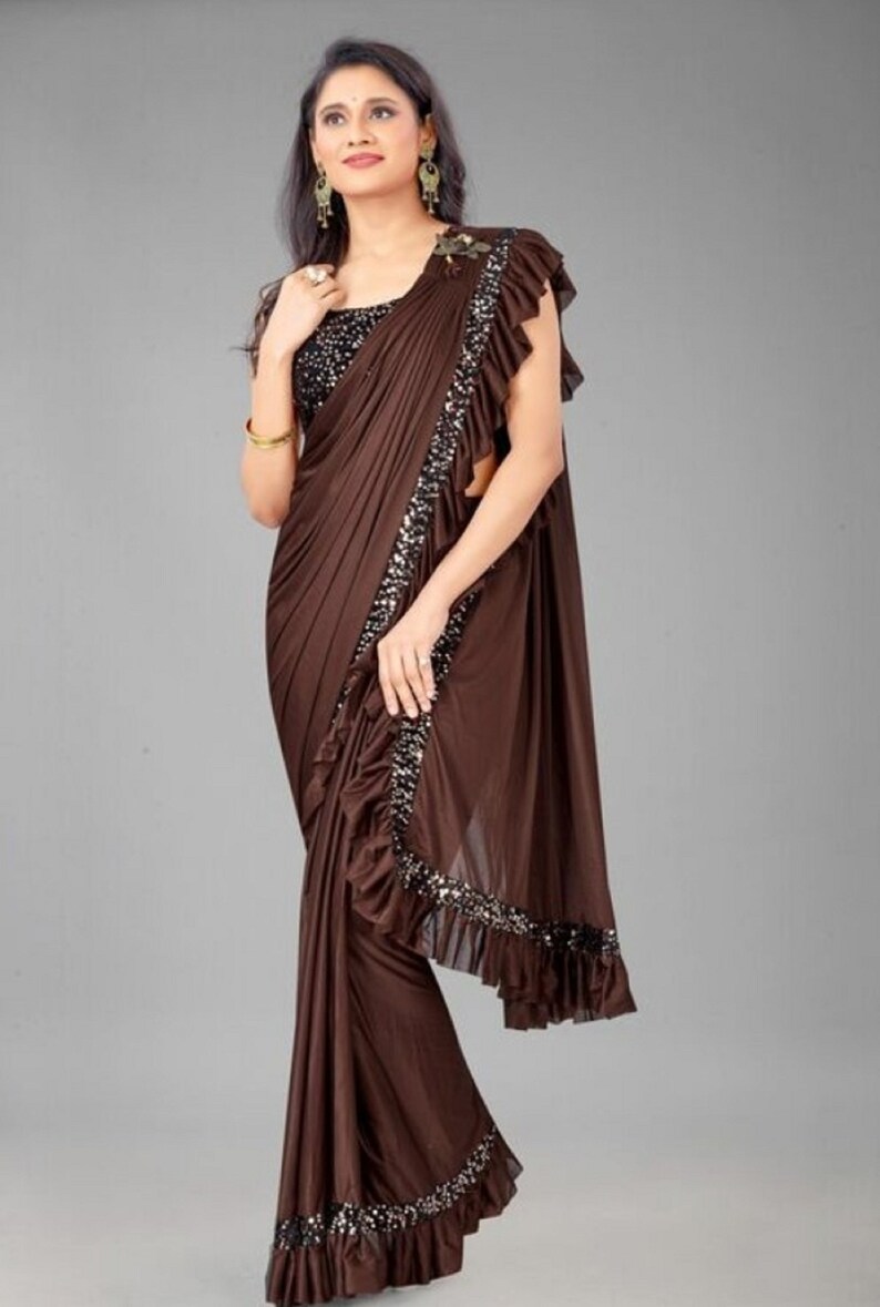 Coffee Color Ready to Wear Saree Easy Wear Saree Heavy Pure Polyester ...