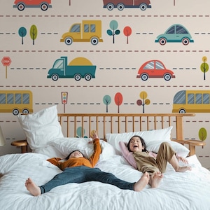 Kids Wallpaper | Colorful Cars, Boy&#39;s Room, | Car Print | Removable Peel and Stick Wallpaper | Wall Mural #967