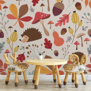 Kinder Tapete | Herbst, Wald, Pilze, Doodle | Animal Print | Abnehmbare Peel and Stick Wallpaper | Wandbild #750