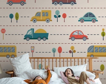 Aangepaste kinderbehang | Kleurrijke auto's, jongenskamer, | Auto afdrukken | Verwijderbaar Peel and Stick-behang | Muurschildering #967