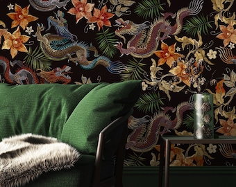 Vintage Wallpaper | Dragon, Watercolor, Dark, Chinese | Oriental Print | Removable Peel and Stick Wallpaper | Wall Mural #953