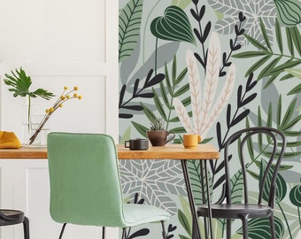 Natural Wallpaper | Flower, Twigs, Green, Bright | Floral Print | Removable Peel and Stick Wallpaper | Wall Mural #996