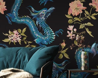 Vintage Wallpaper | Dragon, Chinese, Asian | Oriental Print | Removable Peel and Stick Wallpaper | Wall Mural #965