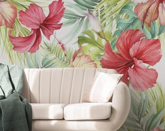 Nature Wallpaper | Flower, Hibiscus, Watercolor, Leaves | Floral Print | Removable Peel and Stick Wallpaper | Wall Mural #827