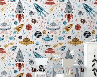 Papel tapiz para niños / Nave espacial, Brillante, Niño, Habitación para niños / Estampado abstracto / Papel tapiz extraíble Peel and Stick / Mural de pared #974