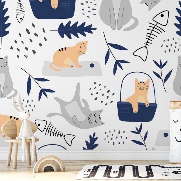 Kids Wallpaper | Cats Life, White Background | Animal Print | Removable Peel and Stick Wallpaper | Wall Mural #972