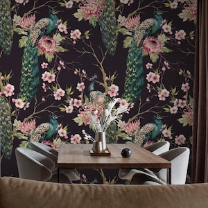 Animal Wallpaper | Peacock, Flower, Floral, Dark | Animal Pattern | Removable Peel and Stick Wallpaper | Wall Mural #723