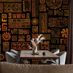 Vintage Tapete | Dunkel, Azteken, Geometrisch | Retro Druck | Abnehmbare Peel and Stick Wallpaper | Wandbild #931