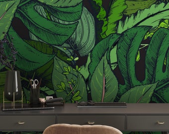 Nature Wallpaper | Tropical, Monstera, Leaves | Exotic Print | Removable Peel and Stick Wallpaper  | Wall Mural #742