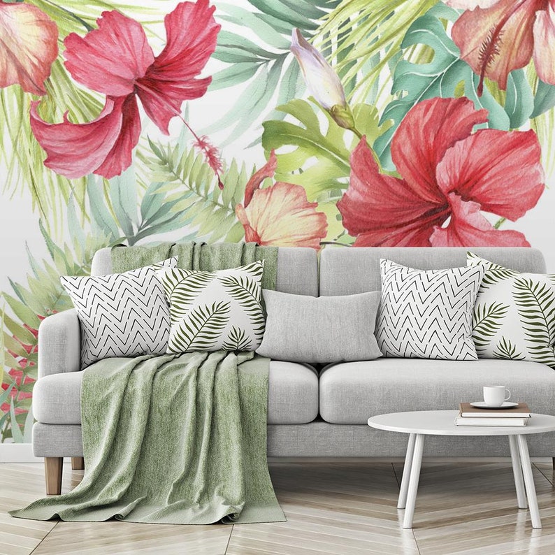 Nature Wallpaper Flower, Hibiscus, Watercolor, Leaves Floral Print Removable Peel and Stick Wallpaper Wall Mural 827 image 4