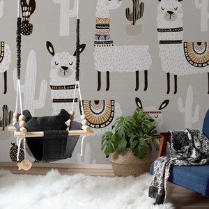 Animal Wallpaper | Lama, Peruvian, Gray, Cute | Seamless Print | Removable Peel and Stick Wallpaper | Wall Mural #844
