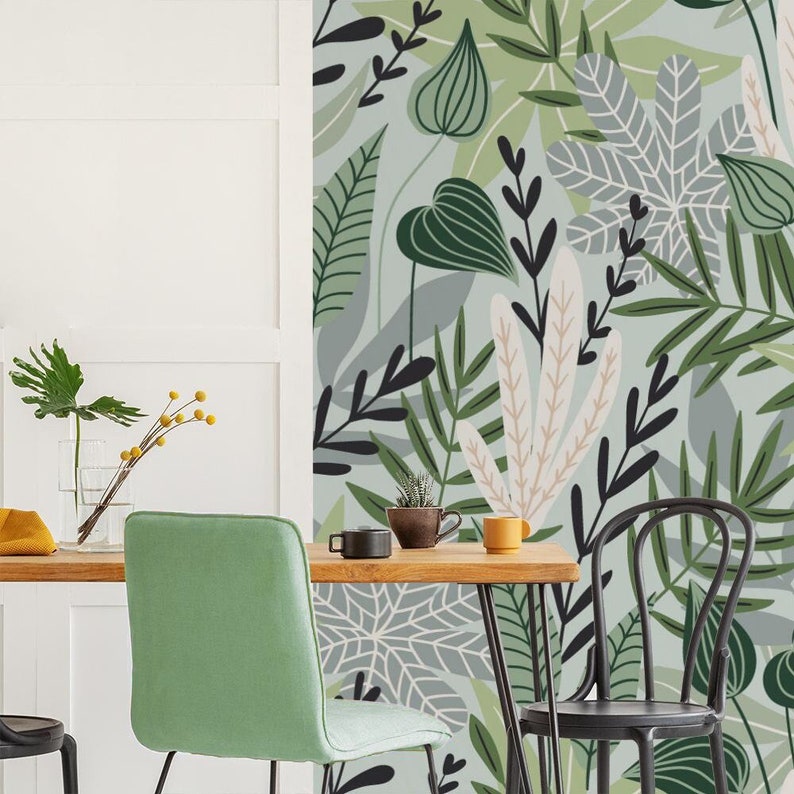 Natural Wallpaper Flower, Twigs, Green, Bright Floral Print Removable Peel and Stick Wallpaper Wall Mural 996 image 1