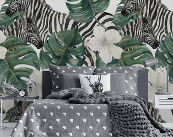 Zebra and Monstera Leaves Wallpaper #744 | Removable Wallpaper, Temporary Wallpaper, Traditional Wallpaper, Peel & Stick Wallpaper