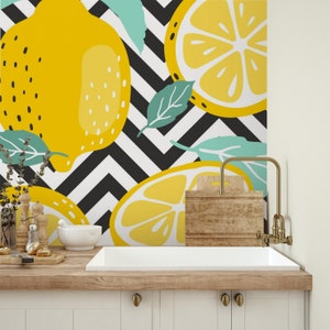 Nature Wallpaper | Lemon, Stripes, Geometric, Summer | Fruit Print | Removable Peel and Stick Wallpaper | Wall Mural #788