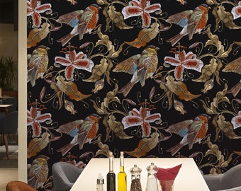 Embroidered Birds #971 | Removable Wallpaper, Temporary Wallpaper, Traditional Wallpaper, Peel & Stick Wallpaper