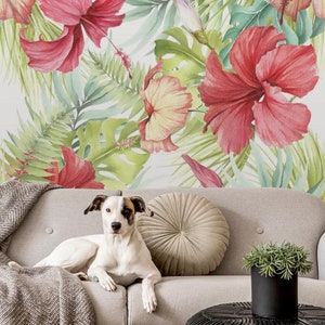 Fond d'écran nature fleur, hibiscus, aquarelle, feuilles Imprimé floral Papier peint amovible à peler et coller Murale 827 image 6