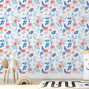 Light Blue Watercolor Floral Wallpaper #826 | Removable Wallpaper, Temporary Wallpaper, Traditional Wallpaper, Peel & Stick Wallpaper