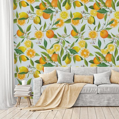 Lemons Removable Wallpaper Traditional White Print Wall Etsy