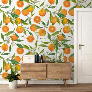 Nature Wallpaper Orange, Branches, Green Leaves, Bright Fruit Print Removable Peel and Stick Wallpaper Wall Mural 957 image 1