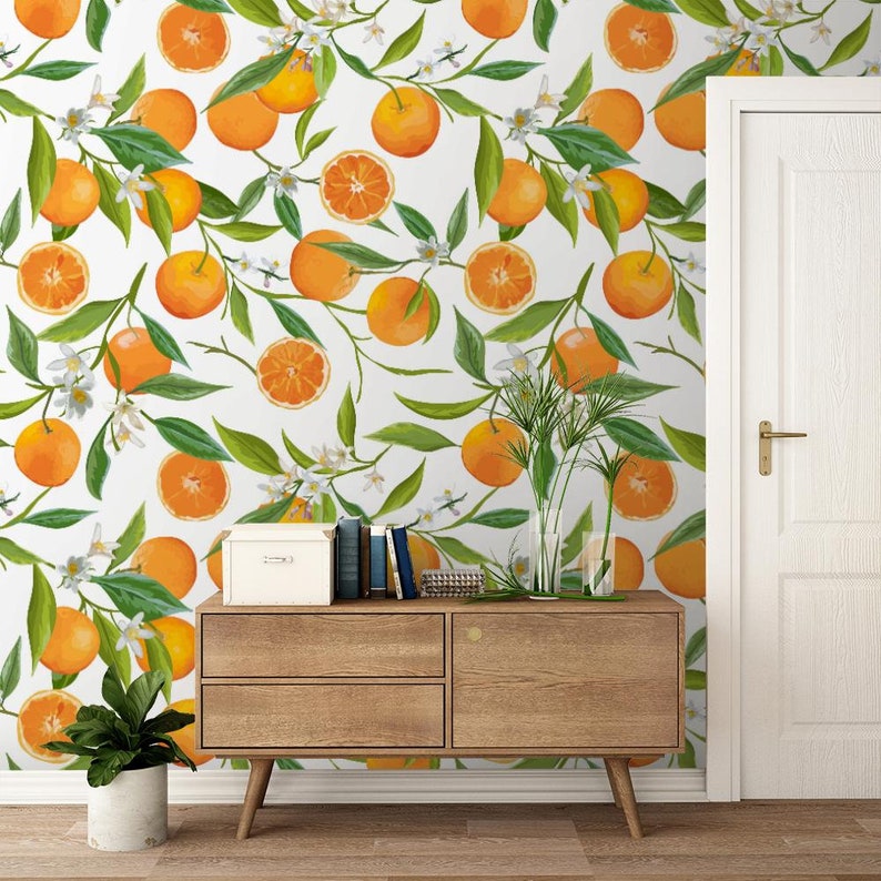 Nature Wallpaper Orange, Branches, Green Leaves, Bright Fruit Print Removable Peel and Stick Wallpaper Wall Mural 957 image 1