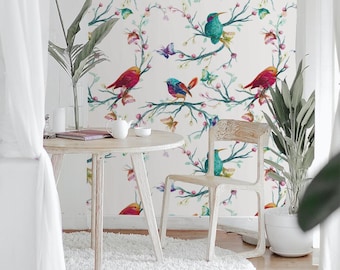 Animal Wallpaper | Leaves, Tree, Sparrow, Branch | Bird Print | Removable Peel and Stick Wallpaper  | Wall Mural #708