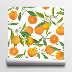 Nature Wallpaper Orange, Branches, Green Leaves, Bright Fruit Print Removable Peel and Stick Wallpaper Wall Mural 957 image 2