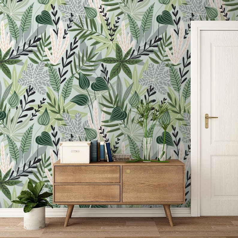 Natural Wallpaper Flower, Twigs, Green, Bright Floral Print Removable Peel and Stick Wallpaper Wall Mural 996 image 2