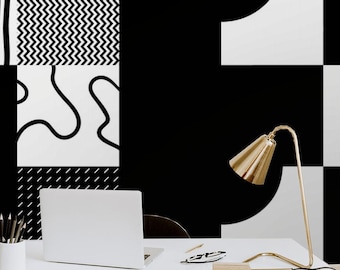 Abstract Wallpaper | Squares, Black and White, Monochrome, Shapes | Geometric Print | Removable Peel and Stick Wallpaper | Wall Mural #986