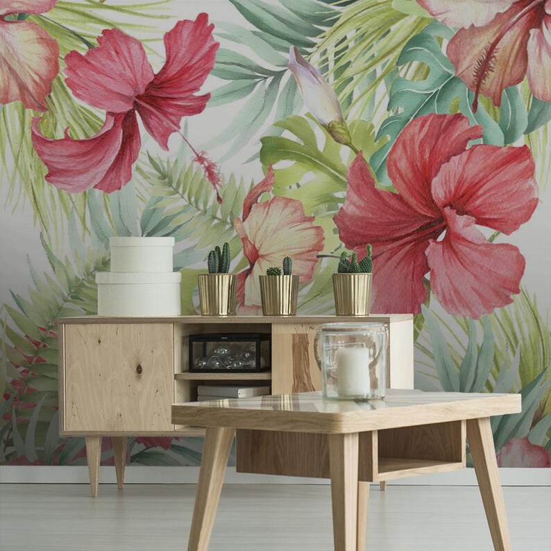 Nature Wallpaper Flower, Hibiscus, Watercolor, Leaves Floral Print Removable Peel and Stick Wallpaper Wall Mural 827 image 5