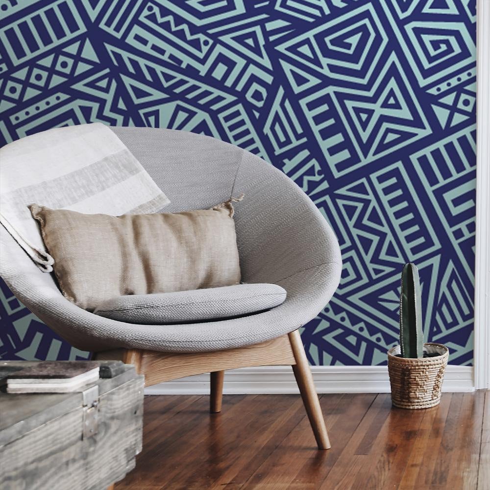 Geometric Wallpaper Aztec, Blue, Vintage Retro Print Removable Peel and