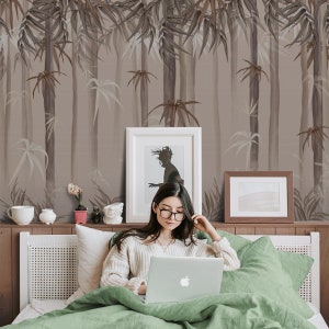 Natur Wallpaper | Beige Bambuswald, Weißer Hintergrund, | Blumendruck | Abnehmbare Peel and Stick Wallpaper | Wandbild #1047