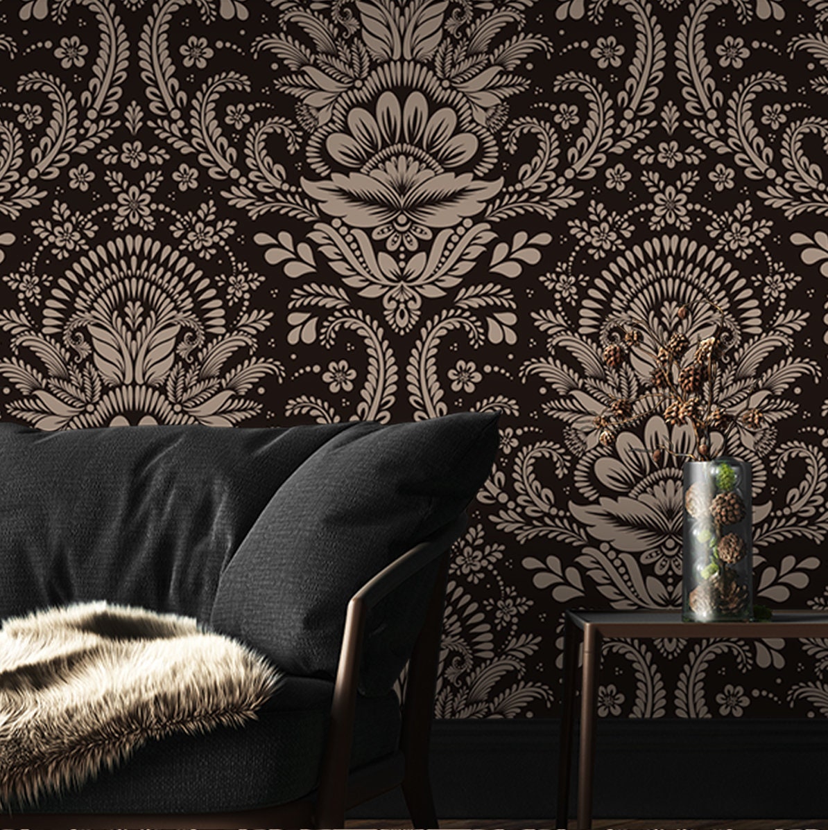 Vintage Wallpaper | Dark, Baroque, Damask, Floral | Victorian Print | Removable Peel and Stick Wallpaper | Wall Mural #1242