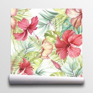 Nature Wallpaper Flower, Hibiscus, Watercolor, Leaves Floral Print Removable Peel and Stick Wallpaper Wall Mural 827 image 2