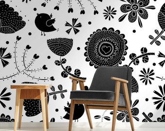 Nature Wallpaper | Black and White, Flower, Folk, Bird | Floral Wallpaper | Removable Peel and Stick Wallpaper | Wall Mural #841