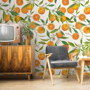 Nature Wallpaper Orange, Branches, Green Leaves, Bright Fruit Print Removable Peel and Stick Wallpaper Wall Mural 957 image 3