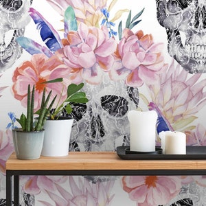 Vintage Wallpaper | Boho, Skull, Bright, Floral | Abstract Print | Removable Peel and Stick Wallpaper | Wall Mural #739