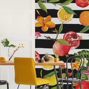 Nature Wallpaper | Stripes, Pineapple, Orange, Lemon | Fruit Print | Removable Peel and Stick Wallpaper | Wall Mural #749