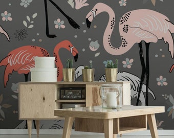 Zwerm kleurrijke flamingo's behang #832 | Verwisselbaar behang, tijdelijk behang, traditioneel behang, Peel & Stick-behang